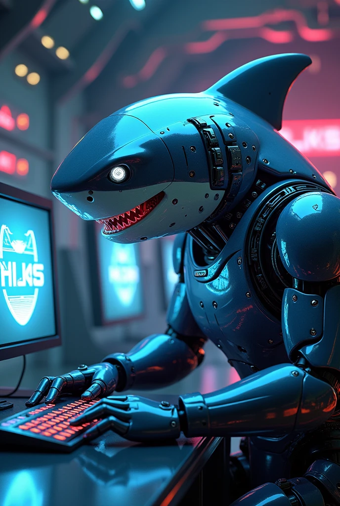 A technological shark, who uses the computer with a logo written on it "hype haus"