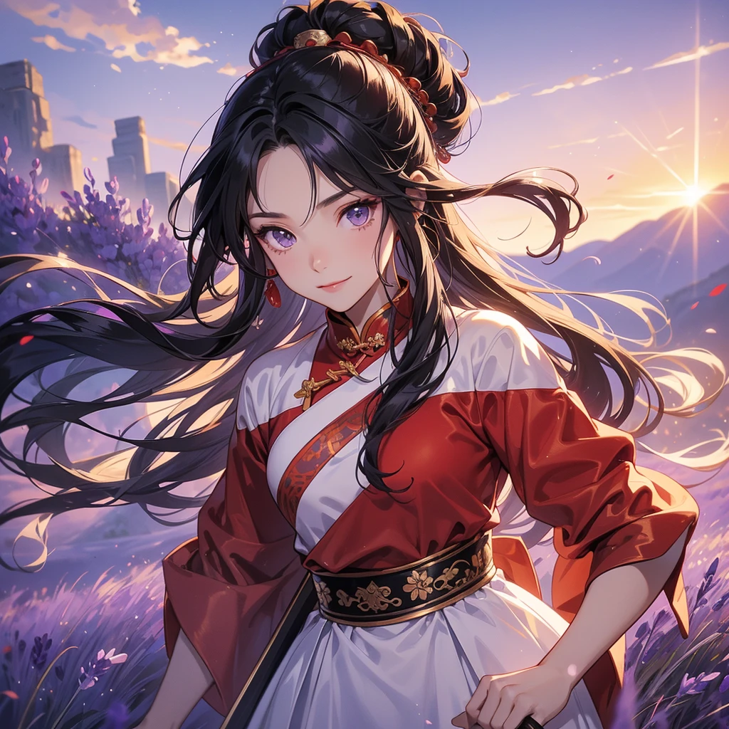 A Handsome black-hair male holding a large sword in an red-white ancient chinese costume, close up.
Stroll among the purple lavender fields , There are some floating clouds, her hair is black with two buns on her hair.small chibi, chibi baby, smiling ,Chibi. Sunset.
