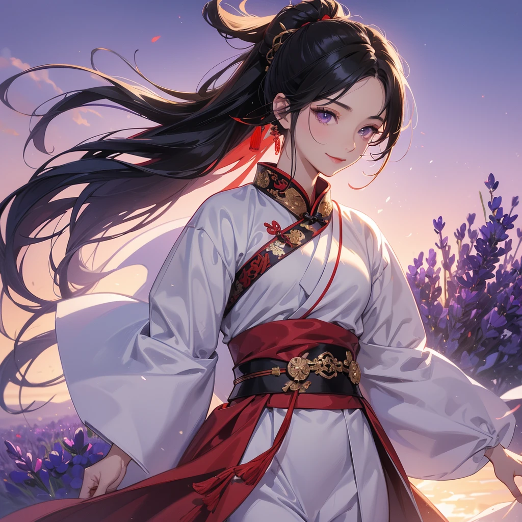 A Handsome black-hair male holding a large sword in an red-white ancient chinese costume, close up.
Stroll among the purple lavender fields , There are some floating clouds, her hair is black with two buns on her hair.small chibi, chibi baby, smiling ,Chibi. Sunset.