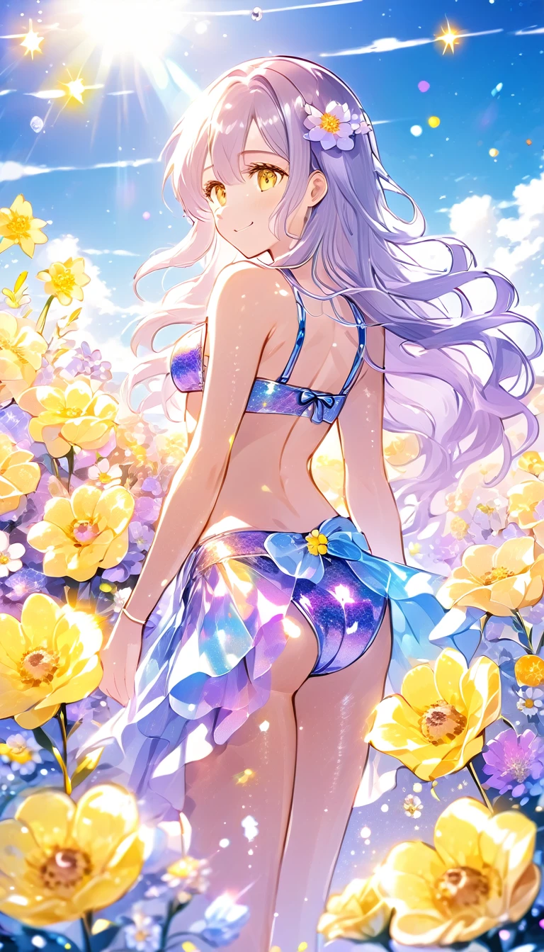 
midsummer sunshine, midday sunshine, strong light, lens flare, full body standing, from behind, Beachside terrace, many flowers, (1 girl in a iridescent bikini turns around and waves with a smile.), silver long hair and purple inner color, yellow eyes, long eyelashes, shiny glossy iridescent clothes, shiny glossy latex gradient iridescent clothes, shiny reflective clothes, sandals, many flowers, glitter effects, (negative_v2 Color_Balance_Calibration:0.8), 