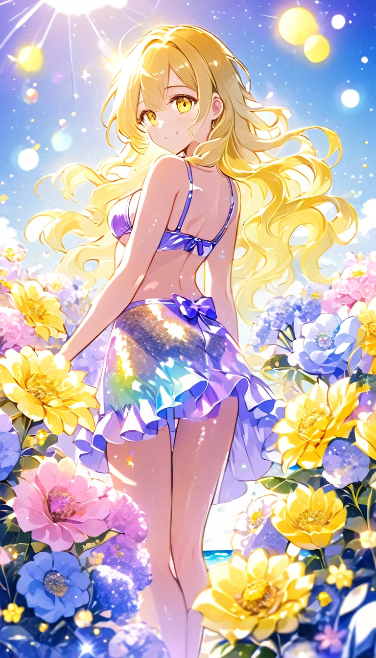 
midsummer sunshine, midday sunshine, strong light, lens flare, full body standing, from behind, Beachside terrace, many flowers, (1 girl in a iridescent bikini turns around and waves with a smile.), silver long hair and purple inner color, yellow eyes, long eyelashes, shiny glossy iridescent clothes, shiny glossy latex gradient iridescent clothes, shiny reflective clothes, sandals, many flowers, glitter effects, (negative_v2 Color_Balance_Calibration:0.8), 