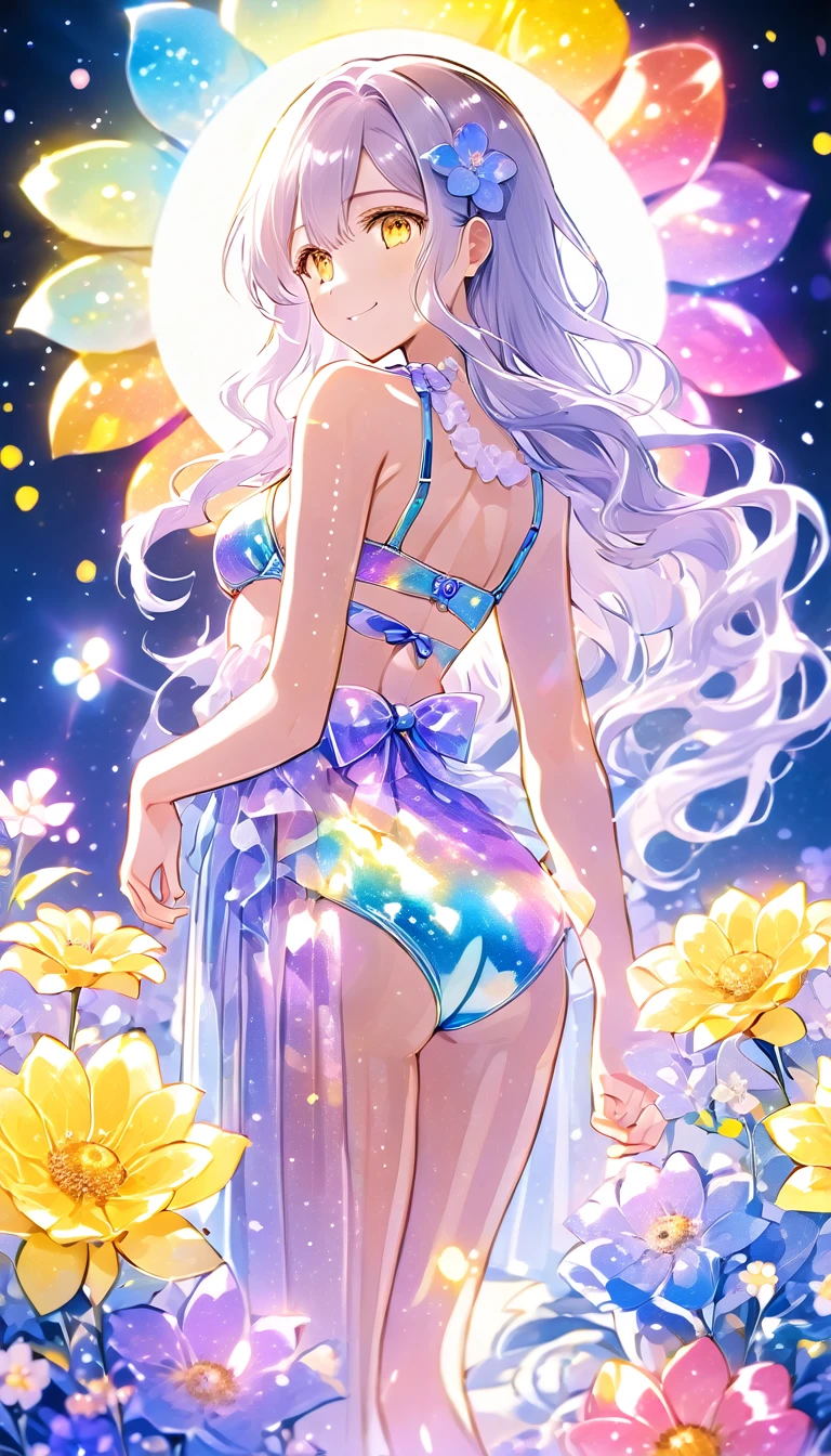 
midsummer sunshine, midday sunshine, strong light, lens flare, full body standing, from behind, Beachside terrace, many flowers, (1 girl in a iridescent bikini turns around and waves with a smile.), silver long hair and purple inner color, yellow eyes, long eyelashes, shiny glossy iridescent clothes, shiny glossy latex gradient iridescent clothes, shiny reflective clothes, sandals, many flowers, glitter effects, (negative_v2 Color_Balance_Calibration:0.8), 