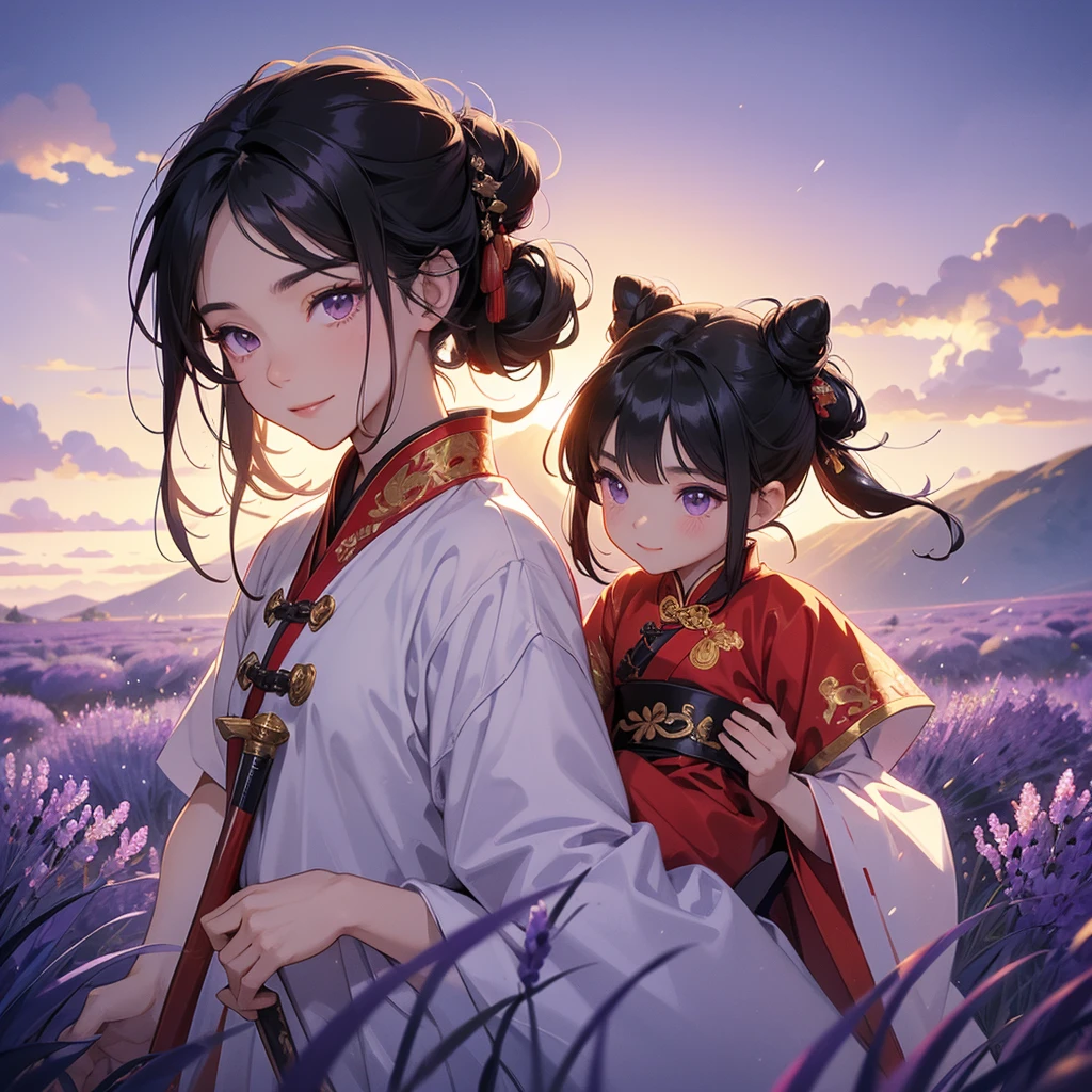 A Handsome black-hair male holding a large sword in an red-white ancient chinese costume, close up.
Stroll among the purple lavender fields , There are some floating clouds, her hair is black with two buns on her hair.small chibi, chibi baby, smiling ,Chibi. Sunset.