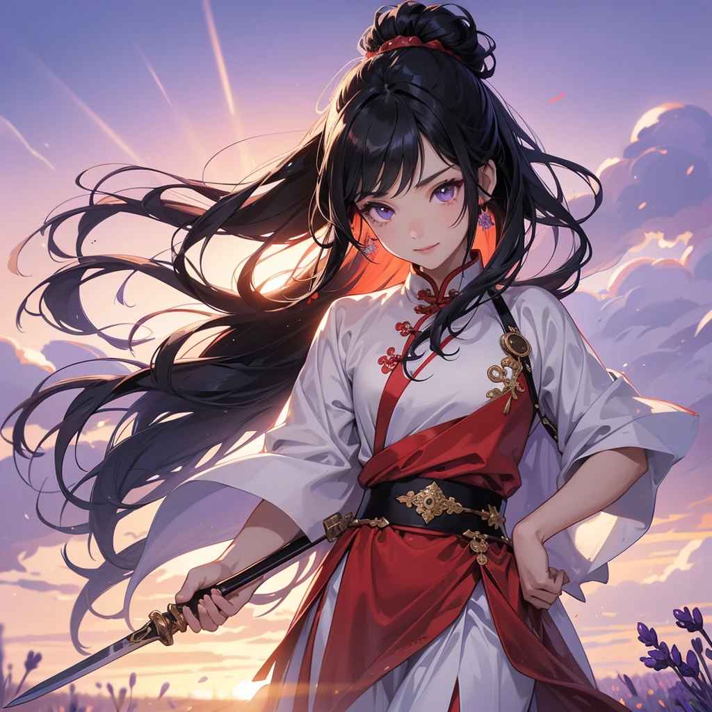 A Handsome black-hair male holding a large sword in an red-white ancient chinese costume, close up.

Stroll among the purple lavender fields , There are some floating clouds, her hair is black with two buns on her hair.small chibi, chibi baby, smiling ,Chibi. Sunset.