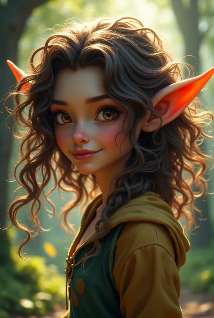 A female troll with brown hair, wavy and curly. With brown eyes and teenager