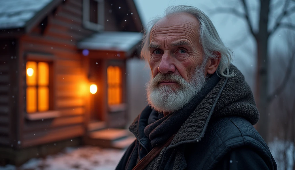 ancient russian man, looking directly at the camera, not at the center, clear facial features, bright colors, light particles, with bright light, Mushhiv, wallpaper art, UHD wallpapers, vivid atmosphere, near a house ancient village