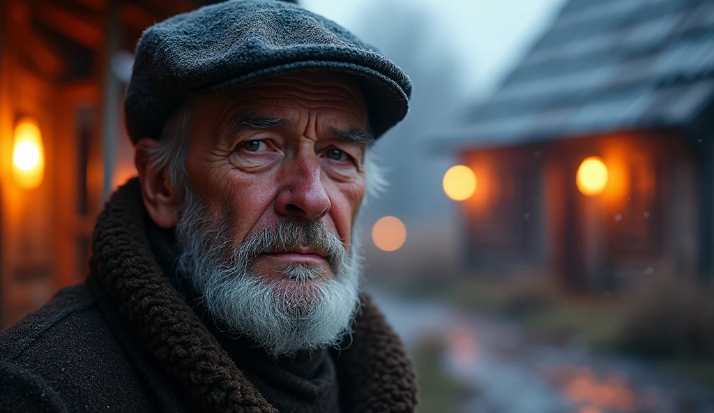 ancient russian man, looking directly at the camera, not at the center, clear facial features, bright colors, light particles, with bright light, Mushhiv, wallpaper art, UHD wallpapers, vivid atmosphere, near a house ancient village