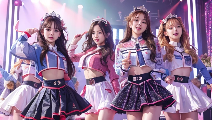 (Highest quality、4K、8k、High resolution、masterpiece:1.2)、Very detailed、(Genuine、Realistic、Realistic:1.3、Korean k-pop idol girls group dancing on stage