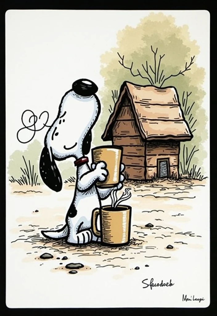 snoopy character drinking a cup of coffee