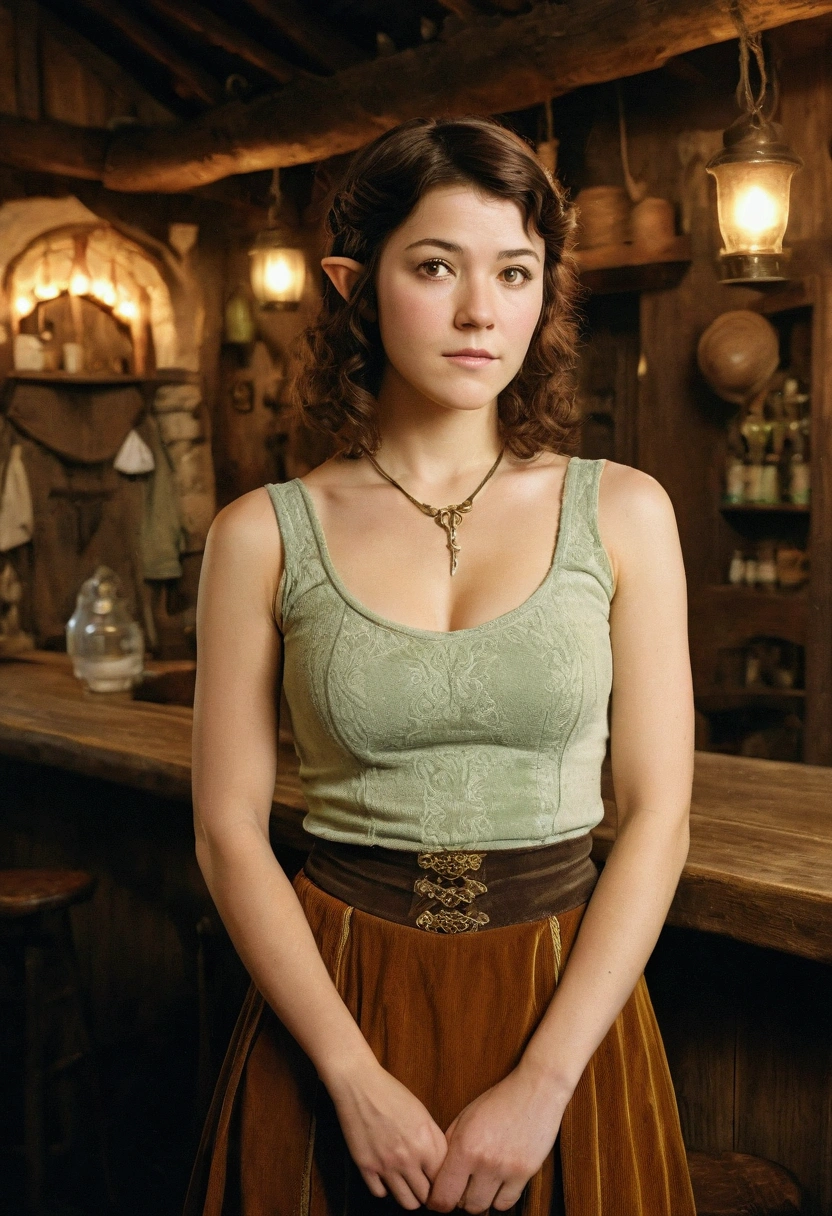 analog film photograph, photo of an elven maiden, 18-years-old, amazonian stature, athletic hourglass figure, busty breasts, narrow waist, full wide hips, big round buttocks, wearing a corset and a petticoat, warm almond complexion, pointy elf ears, dark hair, short curly bob cut, resembles Zendaya, posing in a seedy medieval tavern, RAW Photograph, dslr, soft lighting, high quality, film grain, Fujifilm XT3, detailed skin with visible pores, insane details, masterpiece, 8k, 35mm photograph, dslr, kodachrome, faded film, desaturated, grainy, vintage, Lomography, stained, highly detailed, found footage, long elven ears