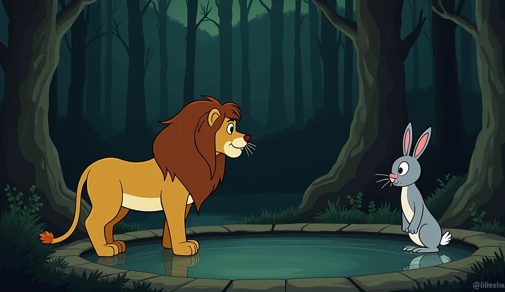 Scene 7: The Lion at the WellPrompt: "The lion and the rabbit arrive at a deep, dark well in the middle of the forest. The lion peers into the well, seeing his reflection in the water, which he mistakes for another lion. The rabbit stands a little distance away, watching the lion's reaction with a sly smile."