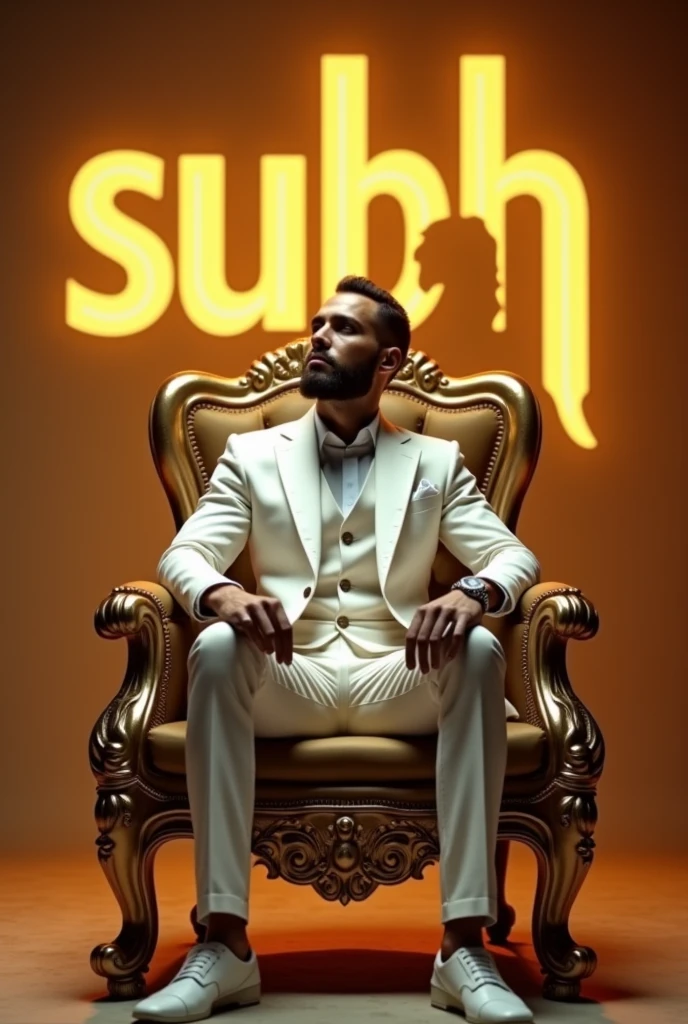 Create a illusion image where a man wearing luxury white suit and sitting on king type old golden chair, where is shadow of lion in background.
Man is looking in attitude.
In background "SUBH" is written with bold and golden neon effects in bold letters.
Also he's wearing a luxury watch.
Also there's a lighting effect in the background which reflecting power of lion. 