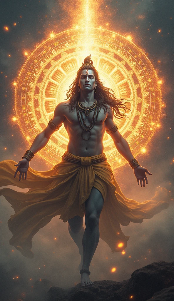 Capture the moment Lord Shiva creates the Sudarshan Chakra from his third eye. The disc should be depicted as a dazzling, powerful weapon with intricate designs, symbolizing its immense power.