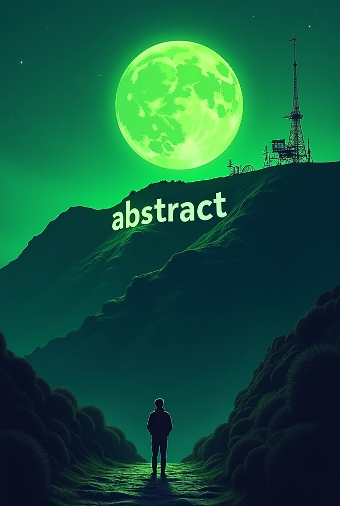 (Anime)the word ABSTRACT written on a mountain like Hollywood,green color,green moon,nigt, hinta looking up on the mountain ,