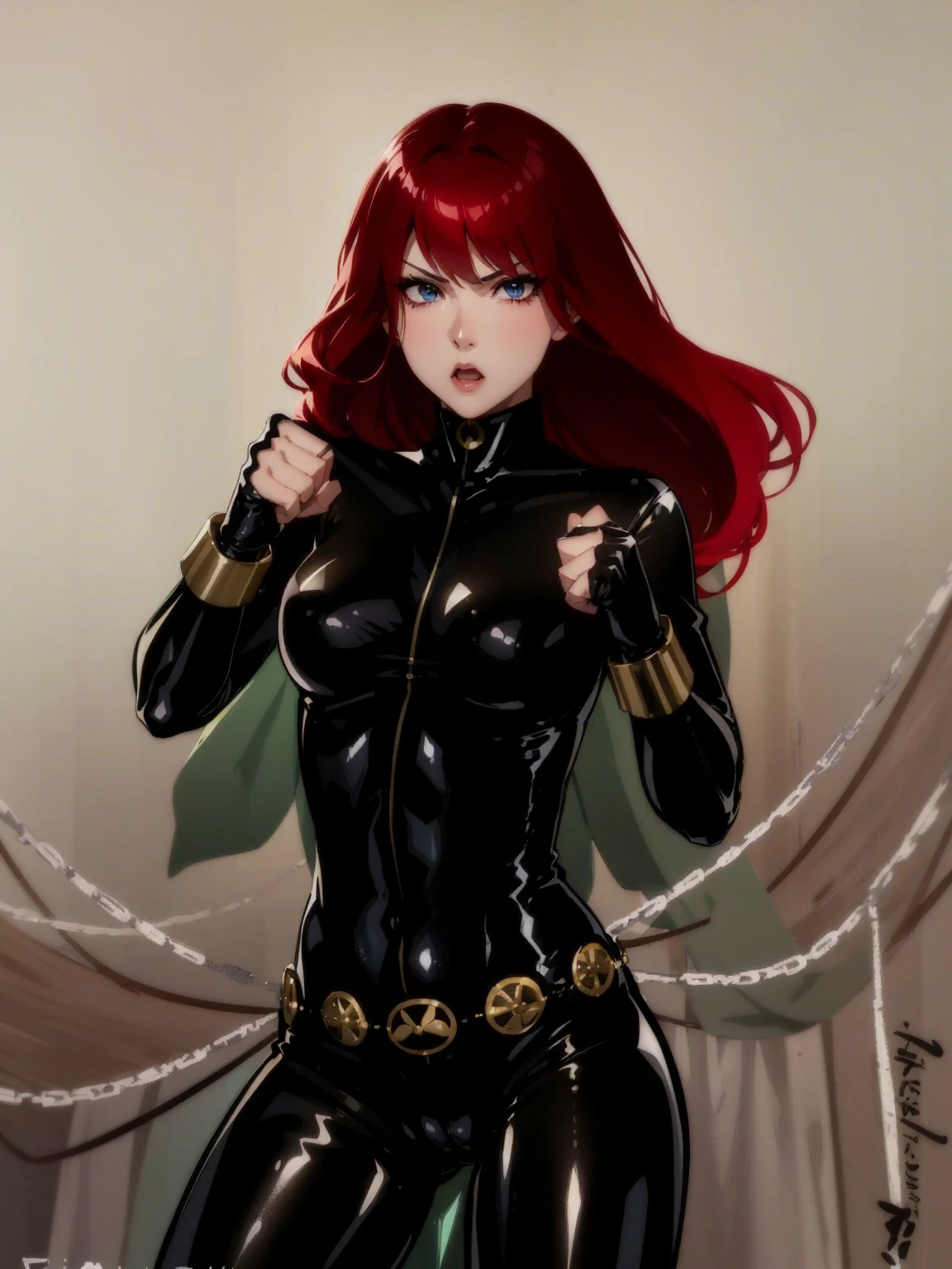 The image is a drawing of a girl with red hair dressed in a sleek skin-tight shiny black latex bodysuit with a silver zipper running down the front. The suit is complemented by her golden wrist guard on both wrists and a golden belt made of shiny circles. She has blue eyes. She stands with a strong posture, hands clenched into fists at her sides, and eyes cast with a determined or fierce gaze. In the background, there are white chains that curve upwards. Her overall stance and the background chains convey a powerful presence and a sense of energy, readiness for action, and possibly a dangerous situation.