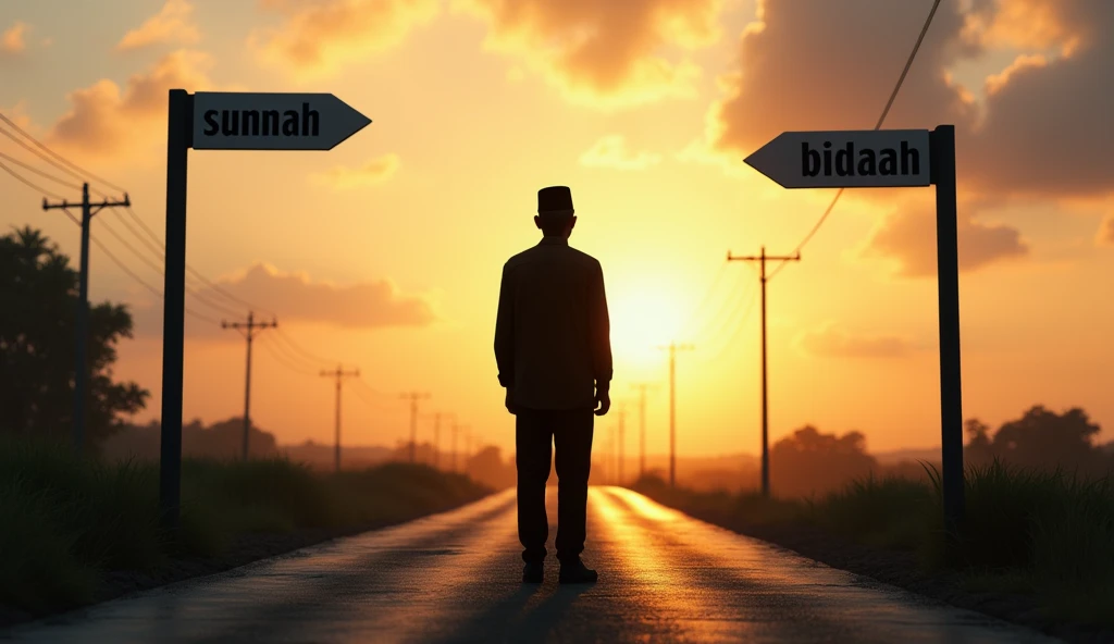(photorealism:1.2), A silhouette picture of a Muslim man, wearing a traditional black cap typical of Indonesia, yang seandg berdiri di persimpangan jalan, with two direction options: "Sunnah" and "Bid'ah".