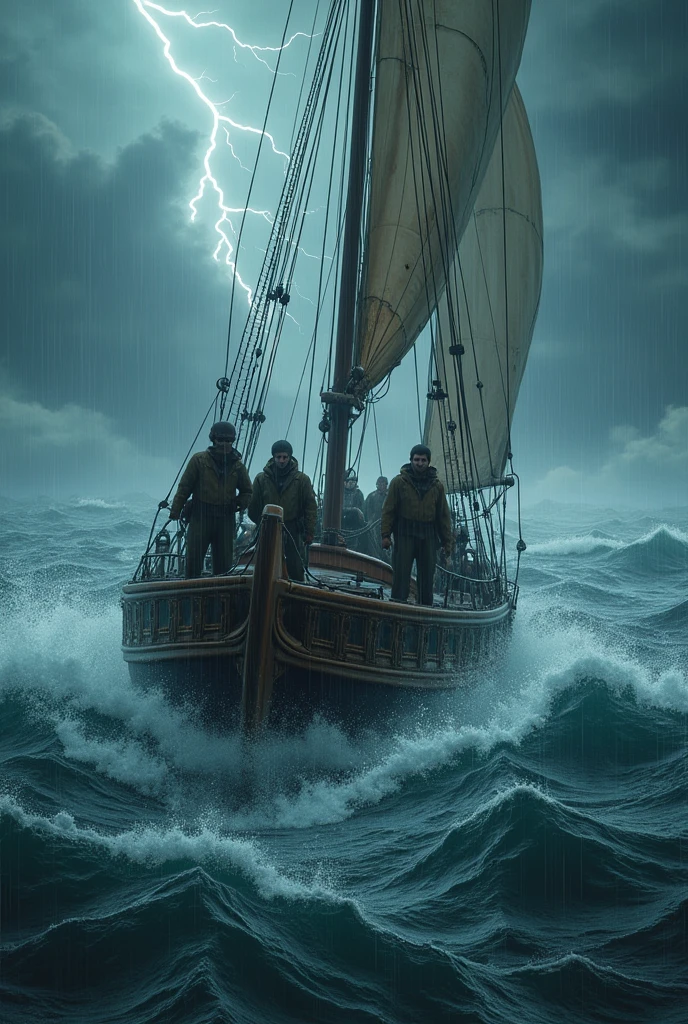 the crew of the boat face many dangers, including a massive storm and the possibility of sinking in the middle of the ocean.