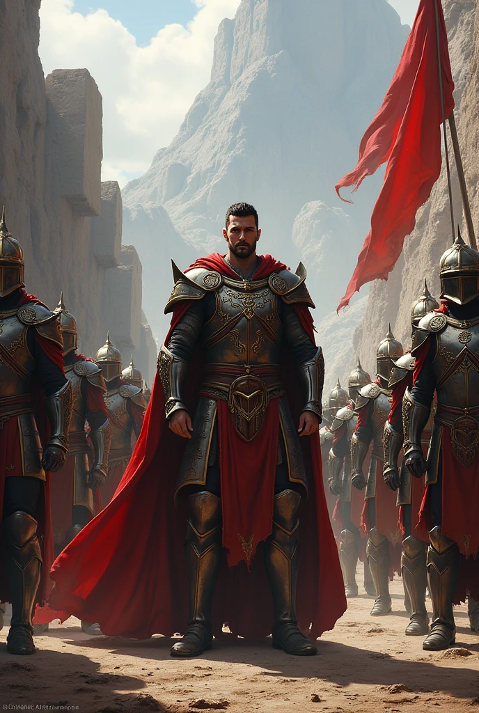 Generate**The Pillars of Strength:** Depict the leader’s sense of security and power as he highlights the key warriors in his army, seeing them as the pillars that will uphold his cause in the battle.