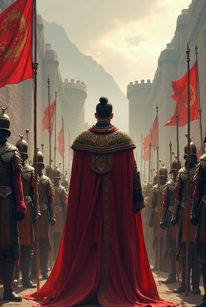 Generate**The Pillars of Strength:** Depict the leader’s sense of security and power as he highlights the key warriors in his army, seeing them as the pillars that will uphold his cause in the battle.