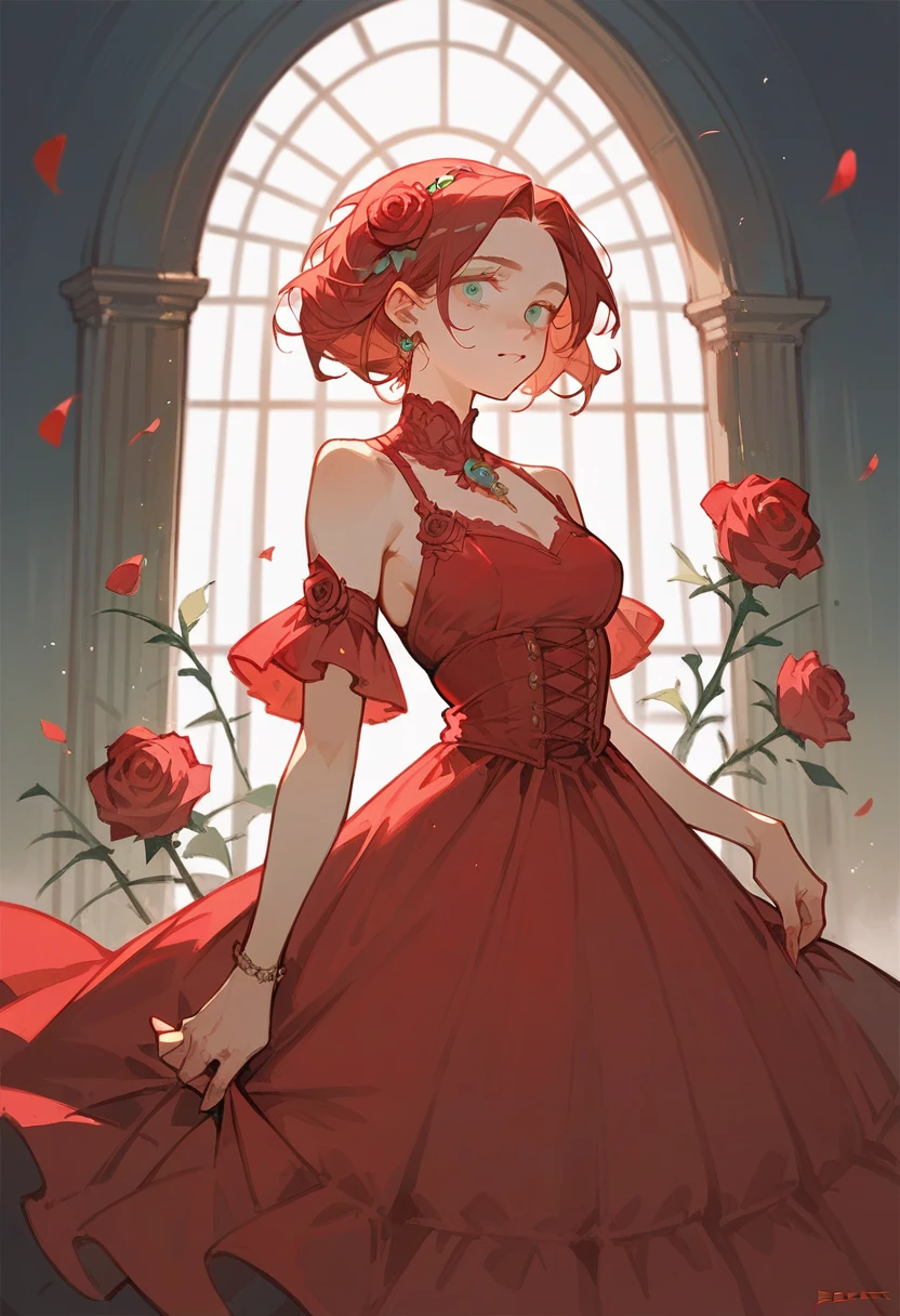 1 girl, solo,berasts,rose,red dress