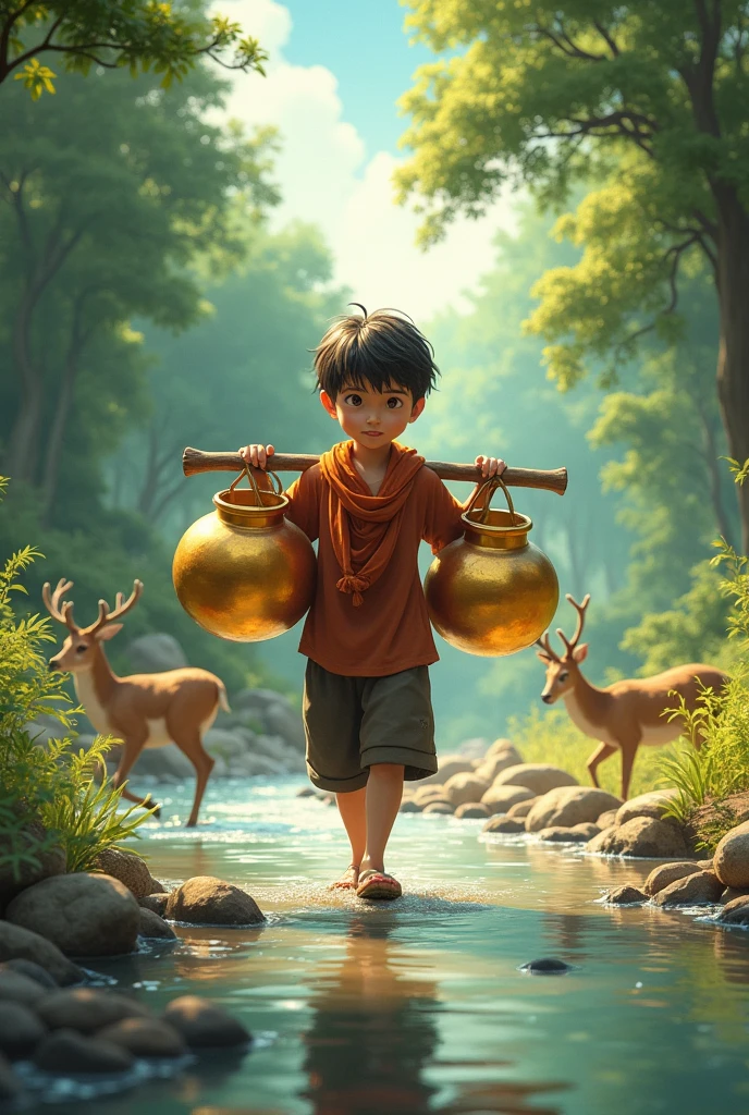 ယောက်ကျားလေးတစ်ယောက် ရွှေအိုးနှစ်လုံးကို ရေထမ်းတပိုးနဲ့ ချိတ်ကာရှေ့နောက်တစ်လုံးစီ သယ်ပြီးပြန်လာ။ မြစ်ကမ်ဘေးမှာ သမင်တွေကရေကစားနေကြ

ကိုကား - သုဝဏ္ဏသာမဇာတ်၊ မဟာဗုဒ္ဓဝင်
