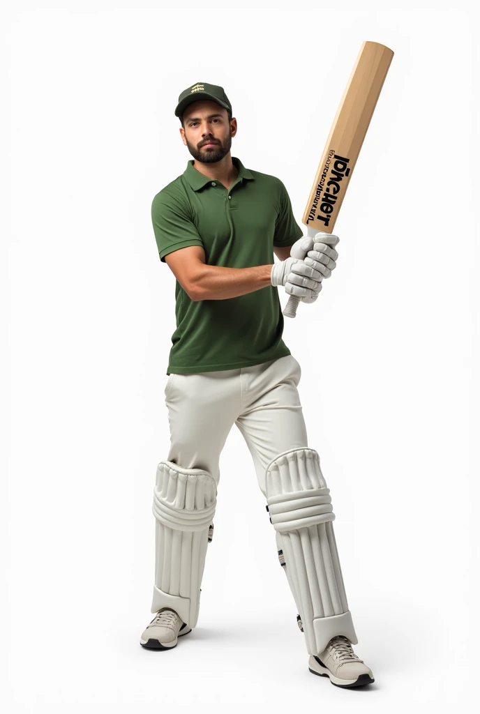 Man in green collared tshirt and white trouser, holding a bat in straight drive position, having a text on bat "NAYAKHEL.COM" showing bat to viewer, in white background