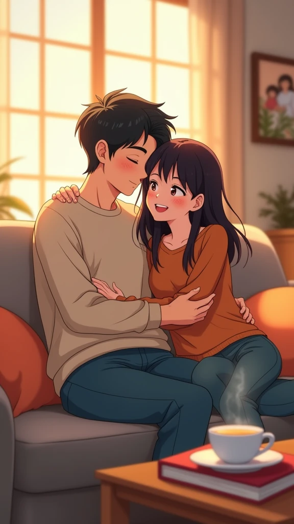 A supportive and happy couple sits together on a cozy living room sofa, sharing a warm and loving moment. The woman has her arm wrapped around the man, and they both have genuine smiles, radiating warmth and affection. The room is softly lit, with a comfortable, inviting atmosphere, featuring plush cushions, family photos on the walls, and a coffee table with books and a steaming cup of tea. Their body language shows a deep connection, trust, and mutual support, capturing the essence of a strong and happy relationship. Anime 