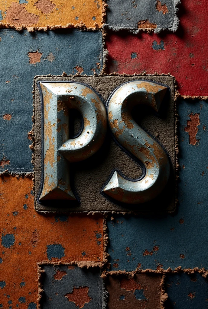 Clothing brand logo "ps" with embossed letters with metal texture, with textile patchwork background