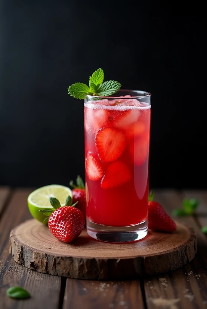 I want a photo of a strawberry drink on a wooden board with a black background