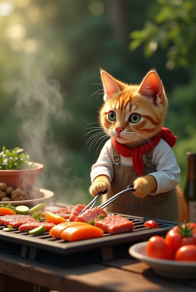 Cat makes、barbecue、vegetables、fish、meat、Grilling on a hot plate