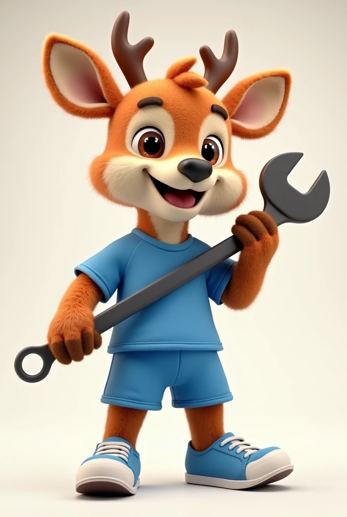 3d cartoon, realistic cartoon of a mascot deer, a (furry) mascot deer smiling and holding a stilson key, blue sports shirt and shorts, sneakers