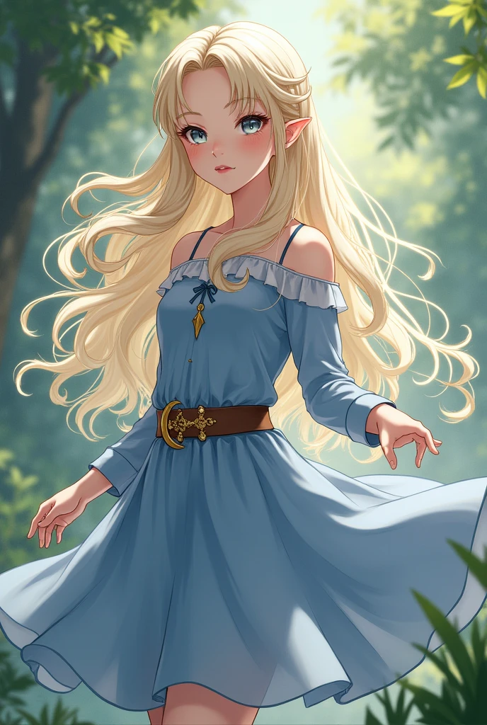 Make it anime-style, Líf is an elf of exceptional beauty, with an angelic appearance and delicate features. Your skin is softly pale, resembling pure porcelain. Her long black eyelashes accentuate an innocent look, with honey-colored eyes that radiate an enchanting clarity. Her lips are delicately rounded, with a natural pink tone. A small mole adorns her right cheek, adding a unique touch to its ethereal beauty.
Her light blonde hair flows in wavy locks, descending gently on your shoulders, every thread as soft as silk. A long-sleeved blue dress hugged her figure, with a flowing skirt that ended elegantly just above the knees. A leather belt adorned his waist, standing out with a crescent-shaped buckle, surrounded by small golden stones, adding a heavenly touch to your attire. On the feet, simple black leather boots, whose long barrel fitted simply, were tied with dark laces, providing you with unpretentious practicality. Over the shoulders, a modest cloak in a deep shade of indigo enveloped her.