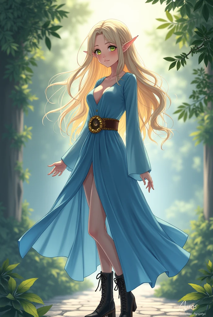 Make it anime-style, Líf is an elf of exceptional beauty, with an angelic appearance and delicate features. Your skin is softly pale, resembling pure porcelain. Her long black eyelashes accentuate an innocent look, with honey-colored eyes that radiate an enchanting clarity. Her lips are delicately rounded, with a natural pink tone. A small mole adorns her right cheek, adding a unique touch to its ethereal beauty.
Her light blonde hair flows in wavy locks, descending gently on your shoulders, every thread as soft as silk. A long-sleeved blue dress hugged her figure, with a flowing skirt that ended elegantly just above the knees. A leather belt adorned his waist, standing out with a crescent-shaped buckle, surrounded by small golden stones, adding a heavenly touch to your attire. On the feet, simple black leather boots, whose long barrel fitted simply, were tied with dark laces, providing you with unpretentious practicality. Over the shoulders, a modest cloak in a deep shade of indigo enveloped her.