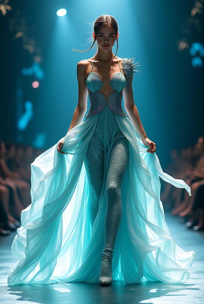 Graceful Fashion show costume showing dynamics,power and elegance of ocean