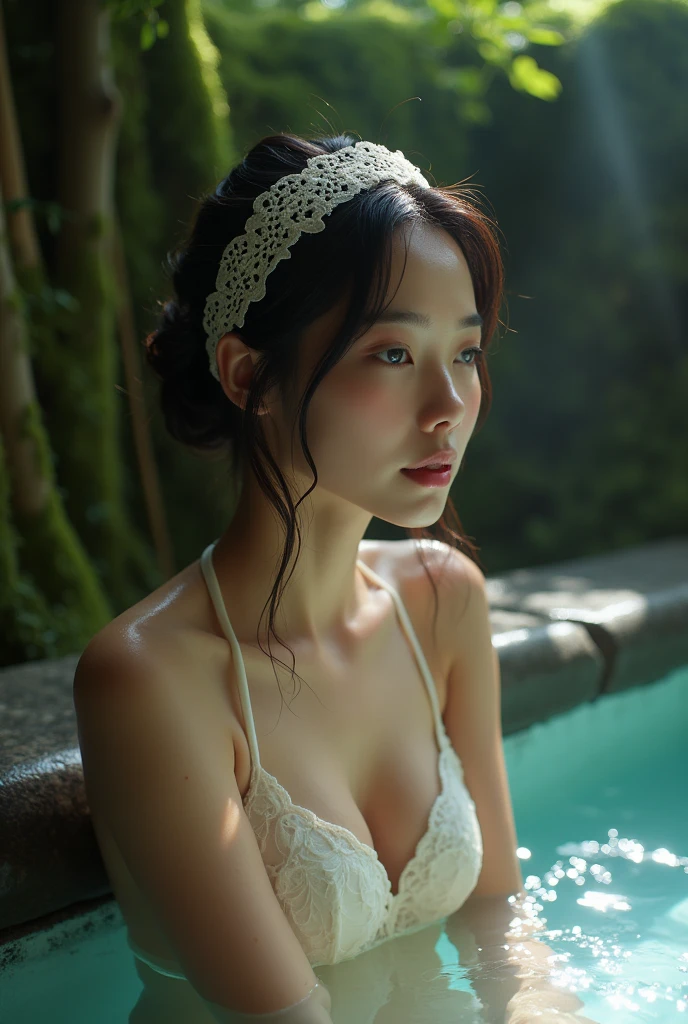 best quality, Masterpiece, Ultra high resolution, Supermodel soaks in hot springs in Japan, Outdoor hot spring, stone hot spring, ล้อมรอbest quality, Masterpiece, Ultra high resolution, Supermodel soaks in hot springs in Japan, Outdoor hot spring, stone hot spring, Surrounded by moss and trees, Very beautiful face, pure body, The pores are clearly visible., (smile:0.8), Wear separately (Lace headband:1.2), (realism:1.5), original photo, body drenched, covered with sweat, bare shoulders, in the dark, deep shadow, low voice, cool light