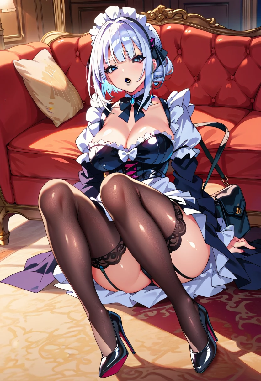 Young beautiful woman,(Highest quality,Extremely detailed depiction,Incredibly absurd high resolution,Anatomically accurate depiction,Curvy Legs,Shiny skin,Porcelain-like skin),(Black and white gothic maid outfit,Maid Skirt,corset,black tights,High heels),eyelash,(Silver Hair,Black Eyes,Crazy Eyes,Eyes half closed:1.5,Boring look,Large Breasts,Glossy black lips:1.1,makeup,Purse your lips,Condescending Gaze,sitting on the sofa with one&#39;s knees up),Sweat:0.8,(whole body),background:Night room,Purple light,From below:1.5