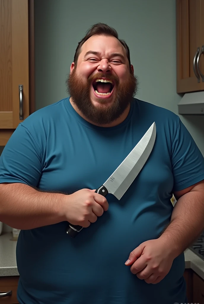 Create a slightly fat bearded man in a blue t-shirt with a knife and laughing