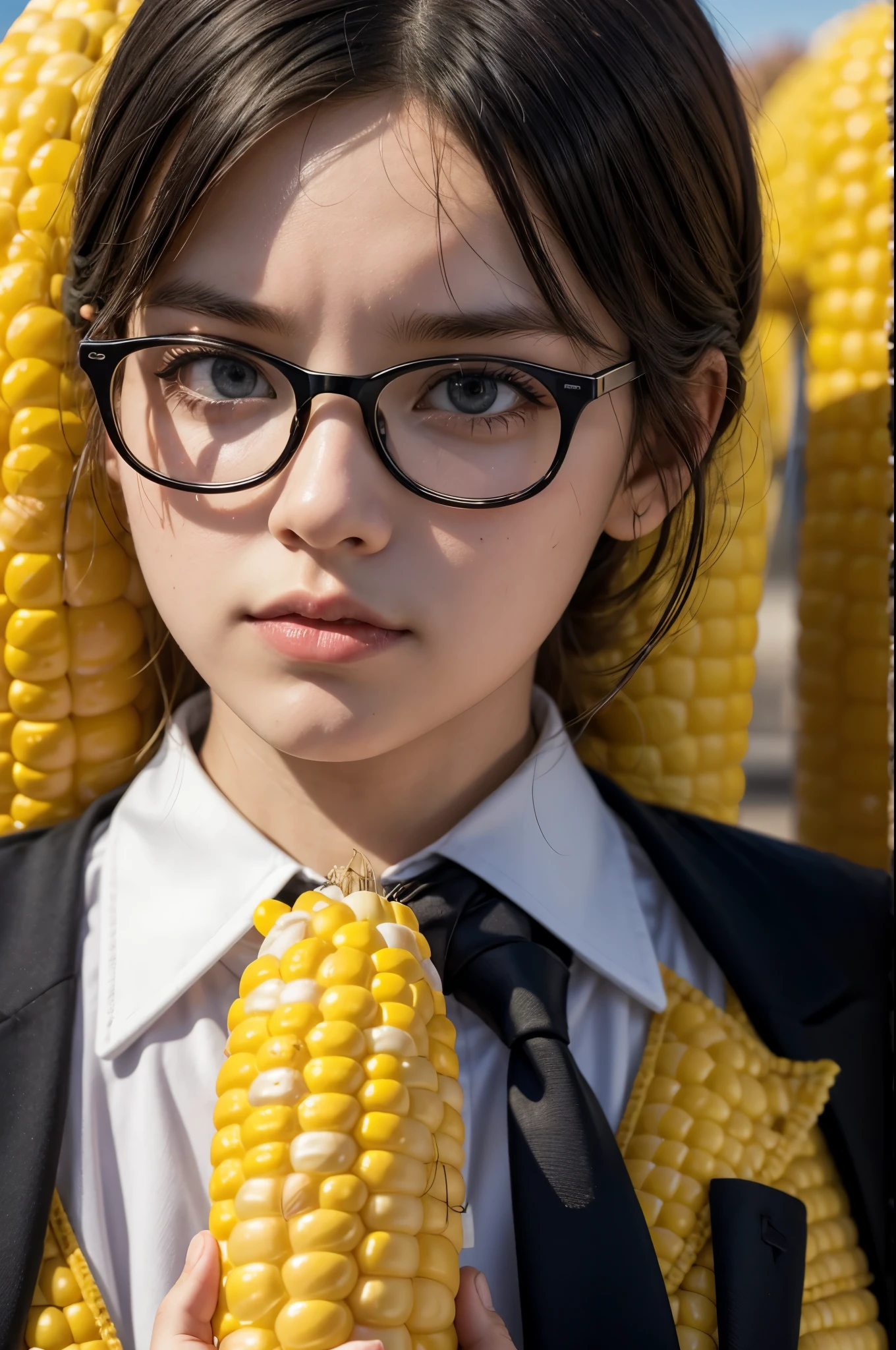 Create an image of a corn mascot with black glasses and a red tie