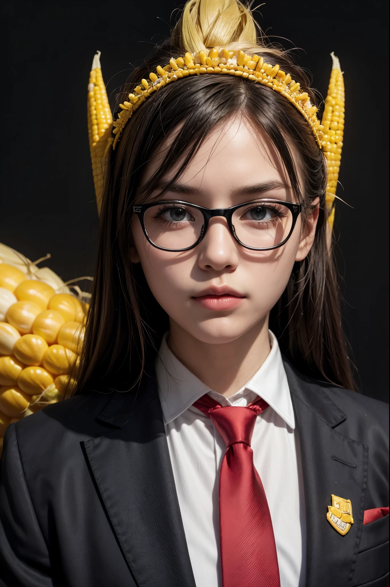 Create an image of a corn mascot with black glasses and a red tie
