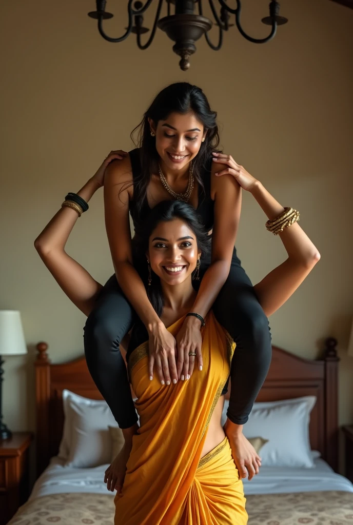 Beautiful and Slim, Sexy Indian woman in black blouse golden saree lifting a large chubby man above her shoulders, man is sitting on woman's shoulders, in a bedroom with high ceiling, natural smile, woman is looking into the camera , full body image
