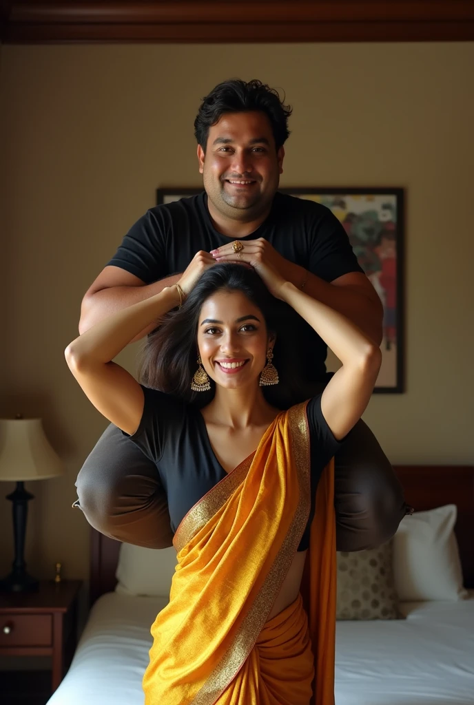 Beautiful and Slim, Sexy Indian woman in black blouse golden saree lifting a large chubby man above her shoulders, man is sitting on woman's shoulders, in a bedroom with high ceiling, natural smile, woman is looking into the camera , full body image 