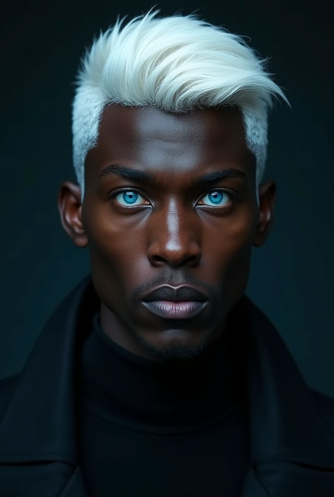Dark skin man with blue eyes white hair