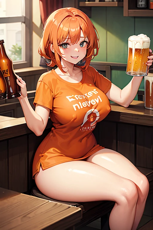 woman, orange hair, large breasts, t-shirt, nipples, thick legs, pub, sitting on chair, beer mug in right hand, smiling, red face, joyful, innocent, toast, drunk, no bra, legs apart to show genitals, sexual, masturbation, two men's penises, fellatio, into beer mug