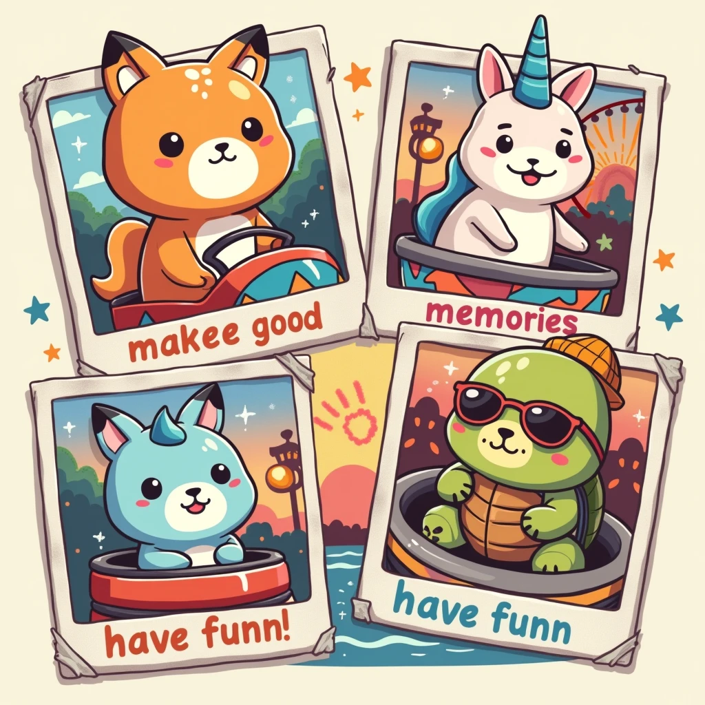 create a smart illustration, with good layout, and design features, ((glad)) with good contrast, with fine and delicate lines, cute fun, to the audience (The image features three photos with polaroid style images ((3 squishmallows animals estilo cartoon. Nota:(((the squishmallows have to look like teddy bears))): in the first photo, um squishmallows rapoza laranja glad em um carrinho de bate bate; In the second photo, a blue unicorn squishmallows, big round eyes eating ice cream in (inside the cabin of the ferris wheel), e uma squishmallows tartaruga glad de óculos escuros. (inside the roller coaster cart)). the photos are random with different places situations, are different in each photo, the art in general presents a distribution with characteristics of shirt prints, in which "no" end up in a rectangular shape. Below this scene, há um texto que diz “Make good Memories,”"Have Funn"the stylized art that suggests a high summer amusement park vibe. The font color transitions from pink at the top to yellow at the bottom, imitating a sunset. This image evokes nostalgia for amusement park rides., adventures in toys, symbolizing freedom and leisure.