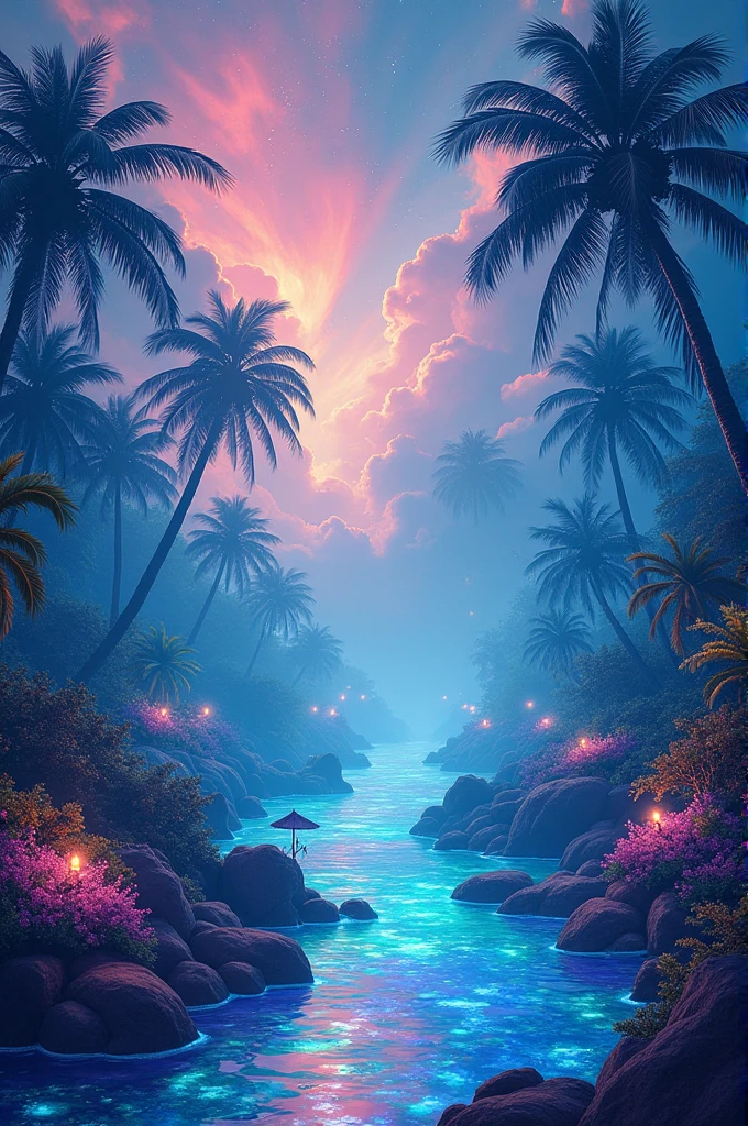 night painting of an abstract ethereal semi - transparent irridecent tropical paradise at night in the style of Jane Crowther, rainbow lighting impressive skies dolphin and unicorn