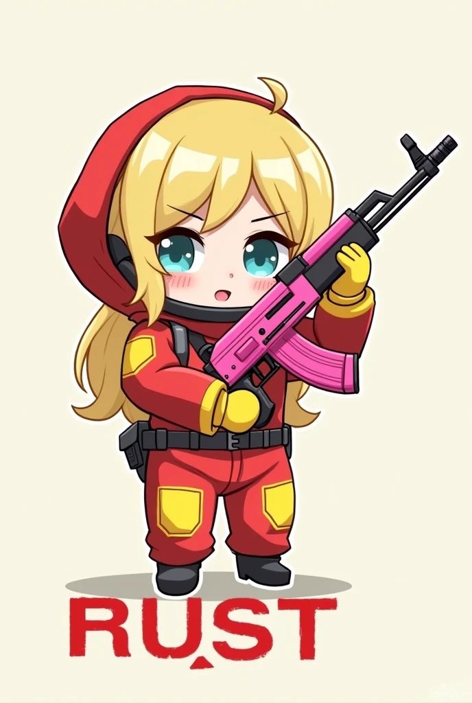 DESSIN VERSION CHIBI D UN PERSONAGE FILLE AU CHEVEUX BLOND DU JEUX VIDEO RUST EN HAZMAT QUI a la capuche ROUGE  ET JAUNE SUR LE CORp LA CAPUCHE legerement CARRE AVEC UNE AK ROSE DANS UNE MAINS ET DANS L4AUTRE ELLE LEVE LA VISIERE DE SON HAZMAT DERRIERE IL Y AURA ECRIT "RUST" en rouge
