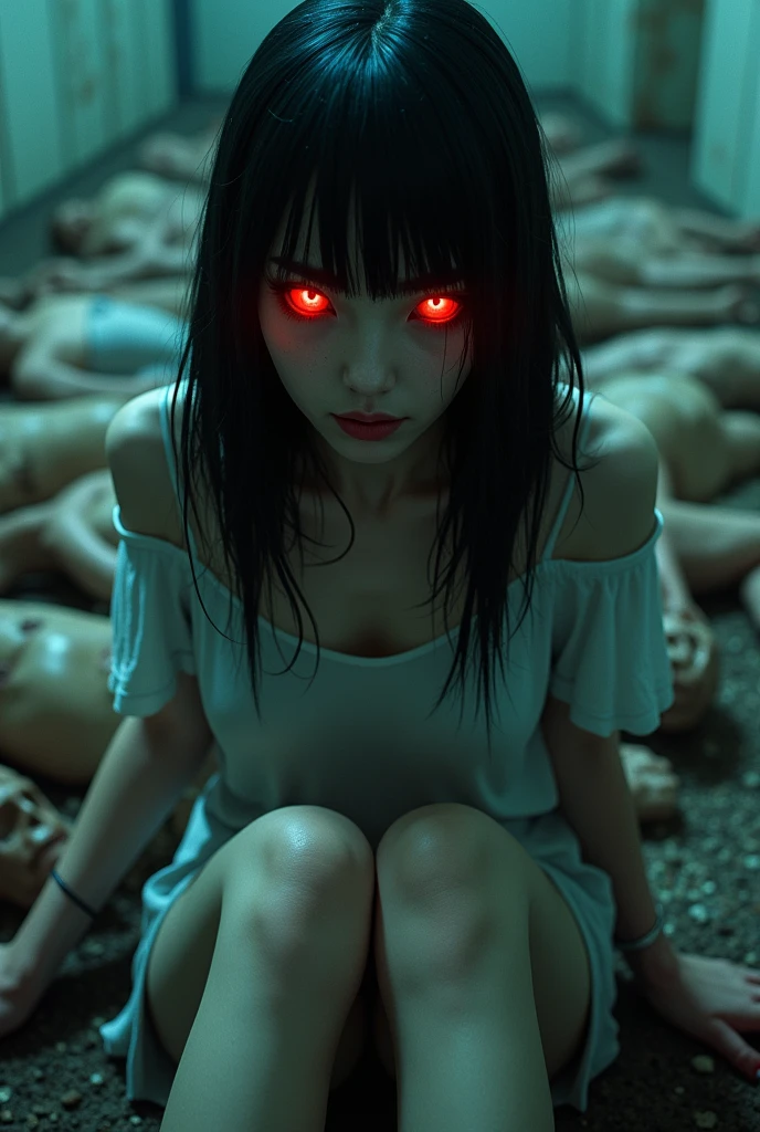 Creepy Korean woman with a strange visage, zombie-like stunningly beautiful, sitting within a nightmarish, deteriorating experimental facility, with dark black hair featuring full, straight bangs, red glowing eyes that pierce the soul, dressed in a short ensemble, her expressionless gaze seemingly inviting with a macabre allure, amidst a backdrop of decaying bodies, dark manga influence, close up