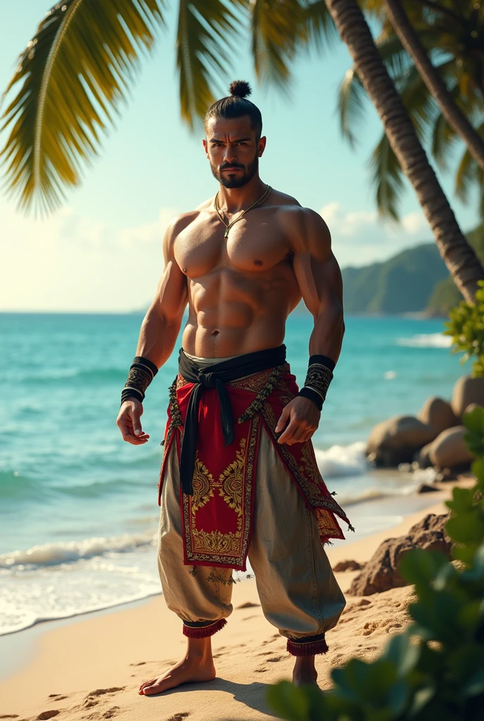 Handsome Malay martial arts warrior by the beach