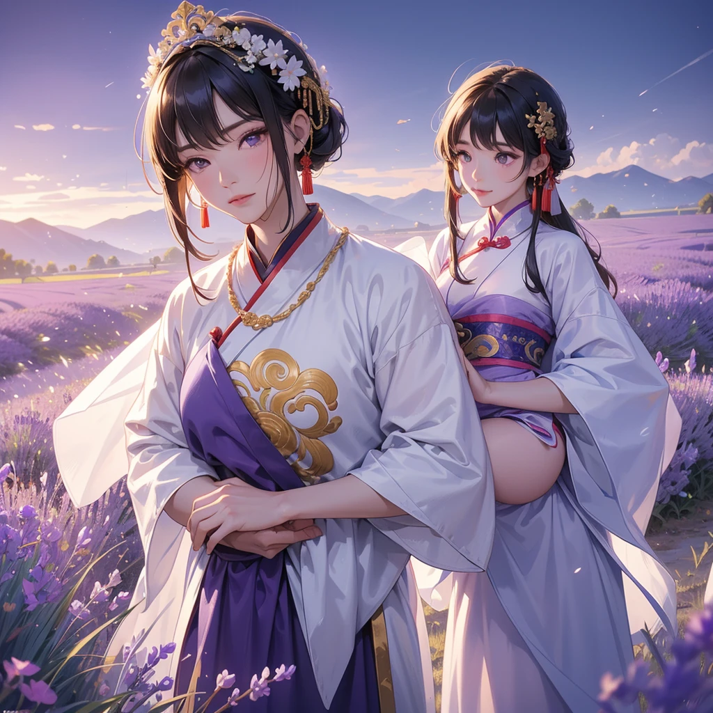 A one-year-old baby boy in an ancient Chinese baby costume with his beautiful mother, dressed in an white ancient Chinese costume, Stroll among the purple lavender fields , There are some floating clouds, playing with each other, with his handsome father standing next to his mother, close up.