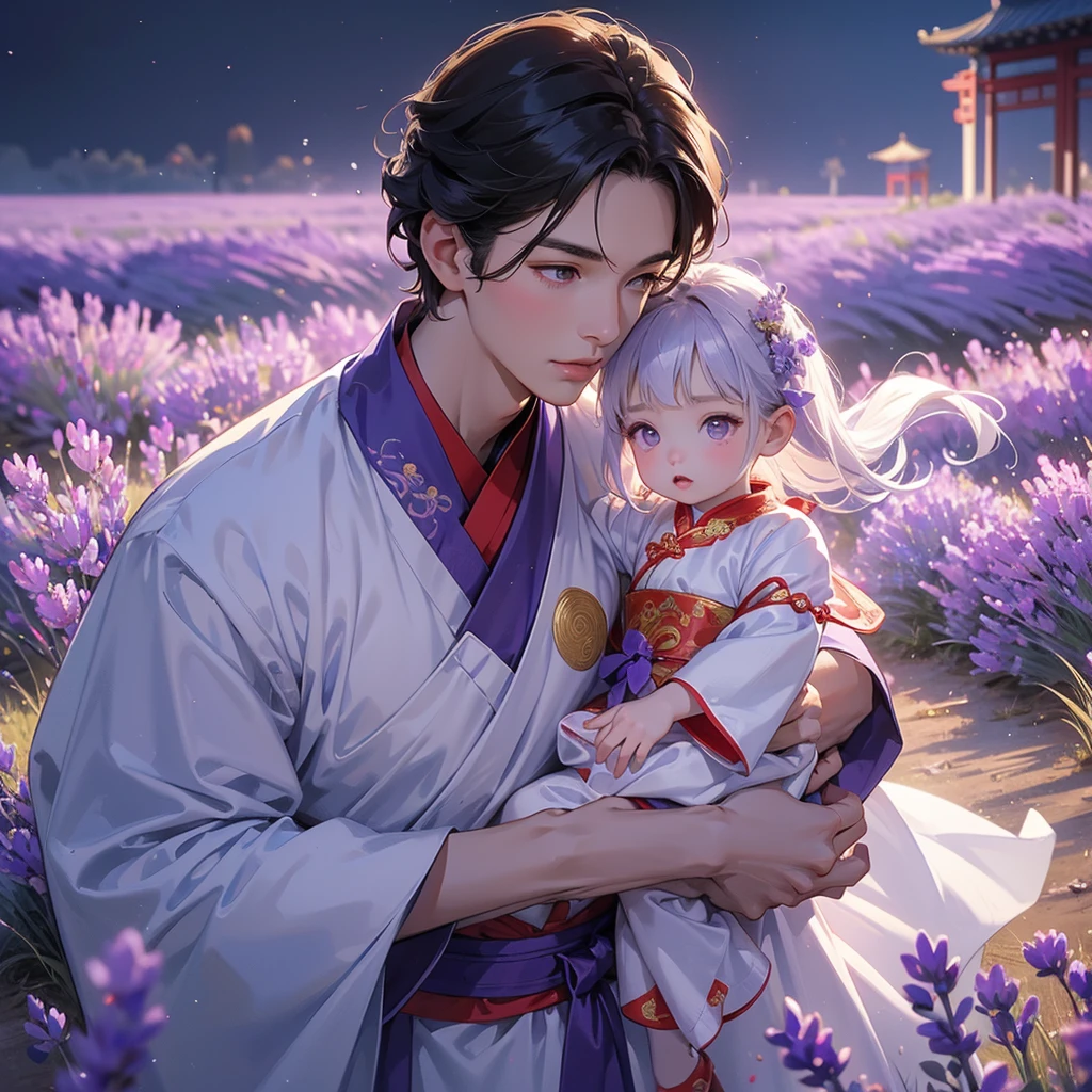 A one-year-old baby boy in an ancient Chinese baby costume with his beautiful mother, dressed in an white ancient Chinese costume, Stroll among the purple lavender fields , There are some floating clouds, playing with each other, with his handsome father standing next to his mother, close up.